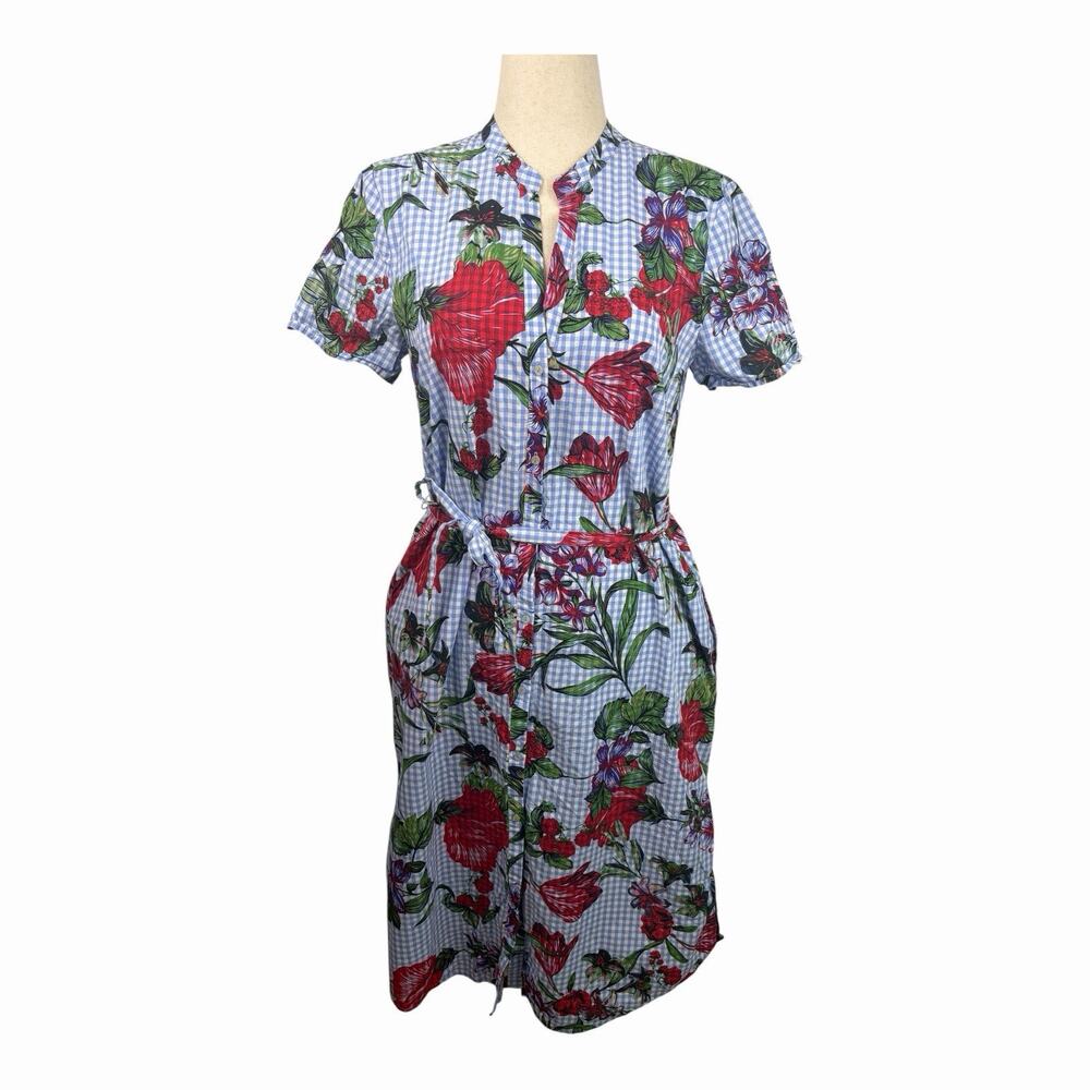 Zara Woman Blue Gingham Floral Shirt Dress Belted Button Front Cotton Size L